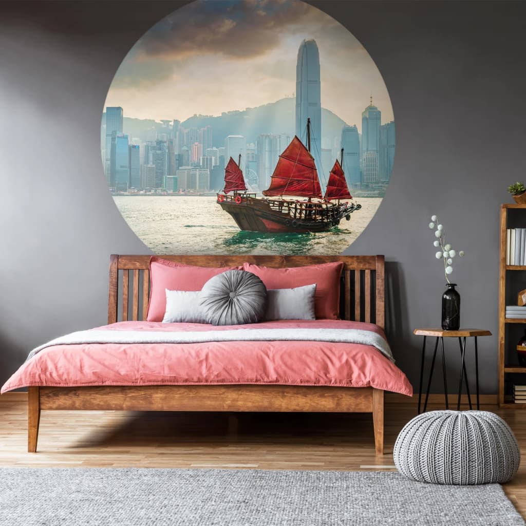 WallArt Cerchio Carta da Parati Skyline with Junk Boat 190 cm