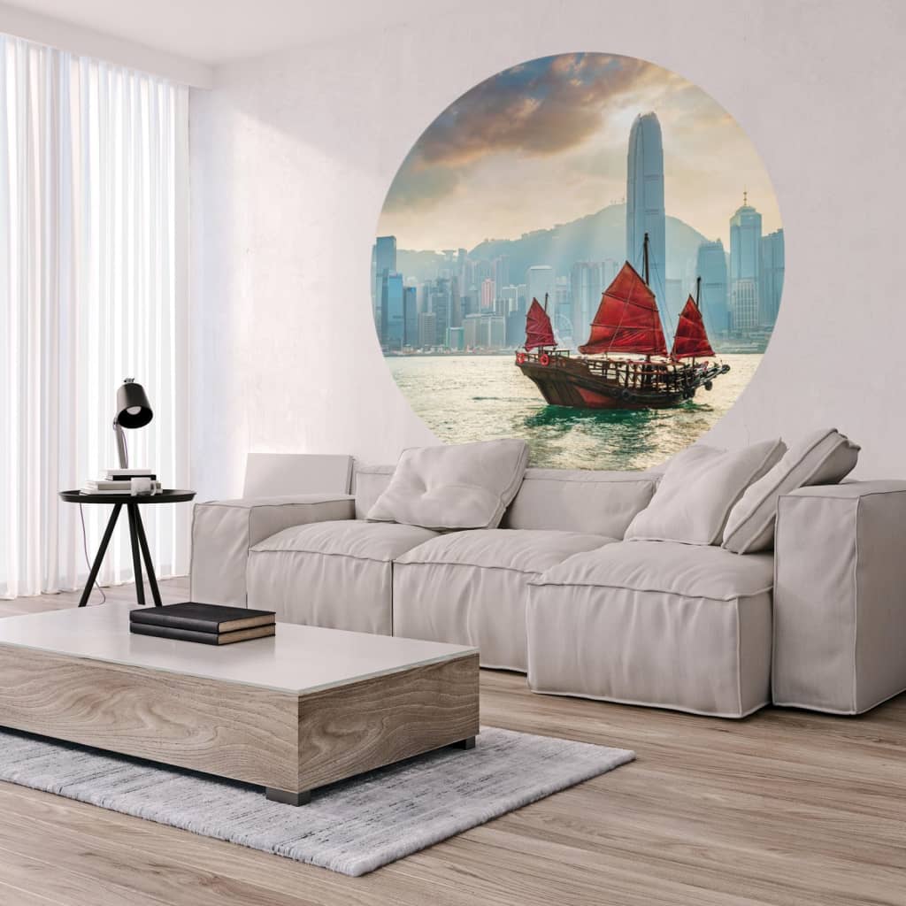 WallArt Cerchio Carta da Parati Skyline with Junk Boat 190 cm