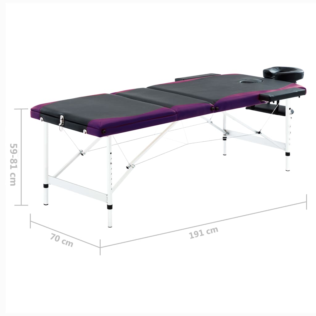 vidaXL Lettino Massaggio Pieghevole 3 Zone in Alluminio Nero e Viola