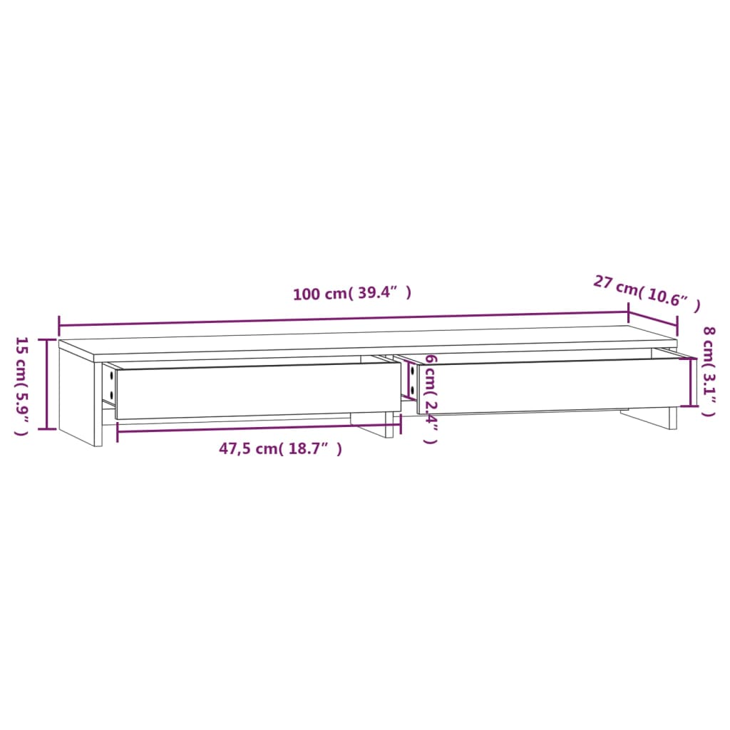 Supporto per Monitor 100x27x15cm in Legno Massello di Pino