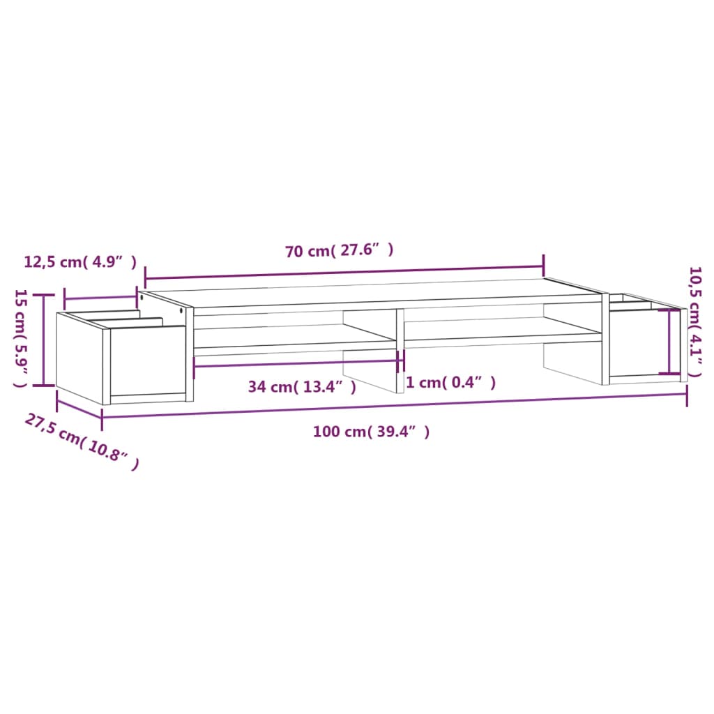 Supporto per Monitor Bianco100x27,5x15cm Legno Massello di Pino