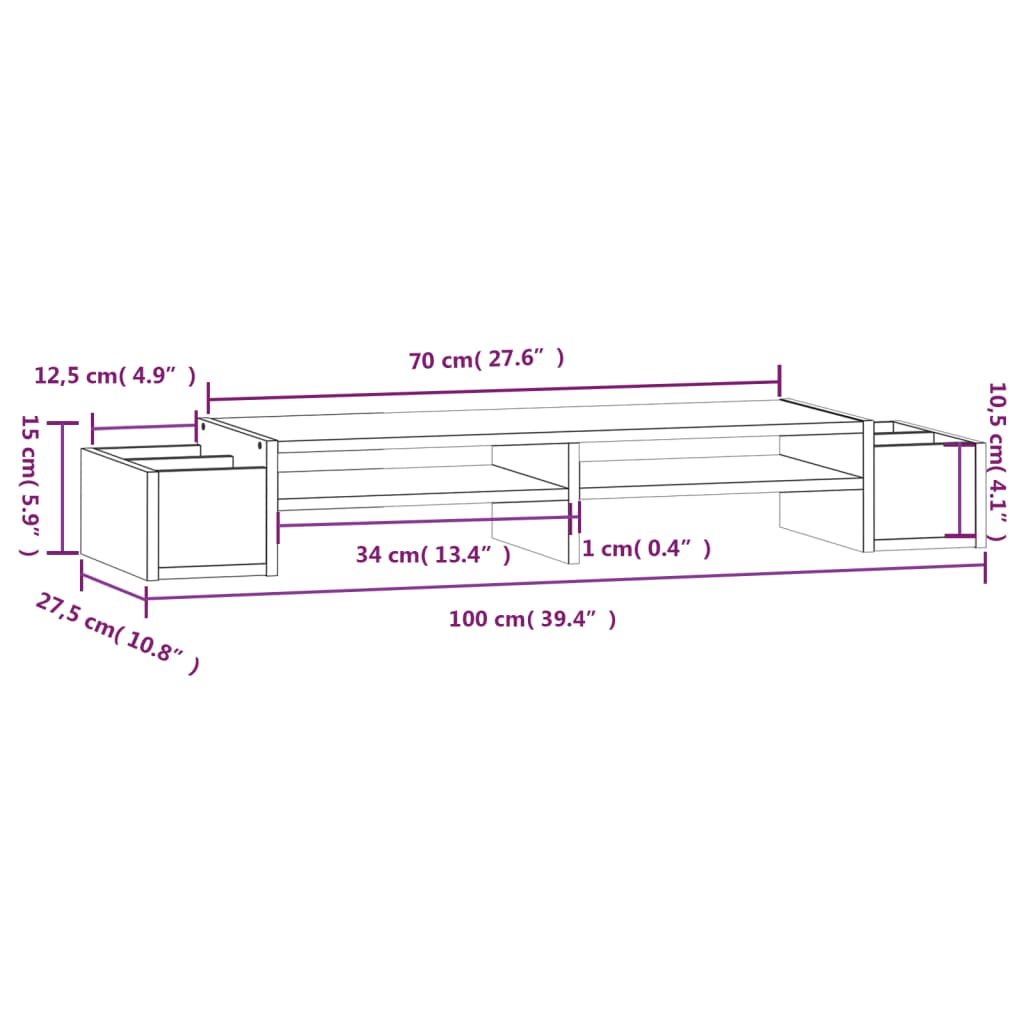 Supporto per Monitor Nero 100x27,5x15cm Legno Massello di Pino