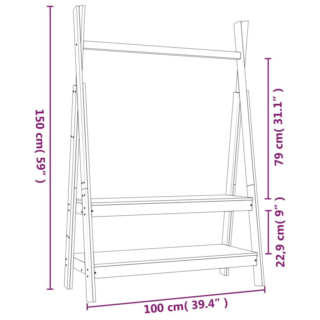 Appendiabiti Nero 100x45-5x150 cm Legno Massello di Pino