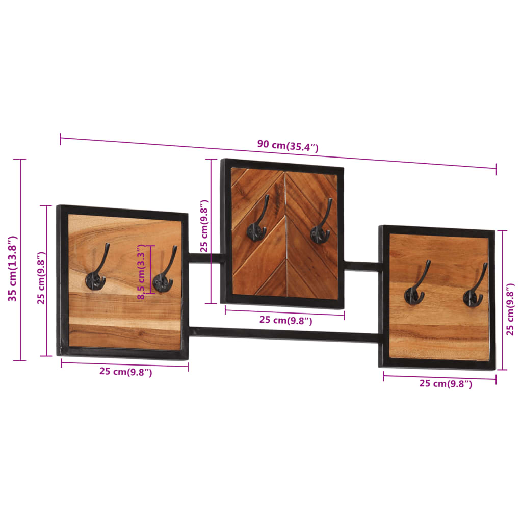 Appendiabiti a Parete 90x1x35 cm Legno Massello Acacia e Ferro