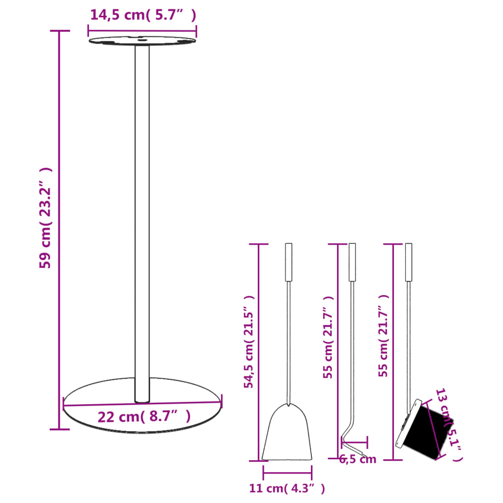 Set Attrezzi per Caminetto 4 pz 22x59 cm in Acciaio